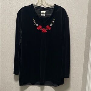 Bobbie Brooks Black Velvet Top with Red Embroidery